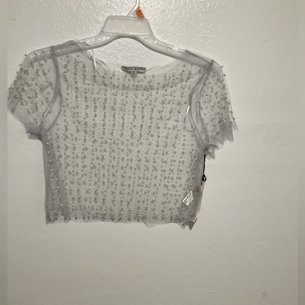 Party cropped shirt. Pearl beads all around. See through transparent shirt